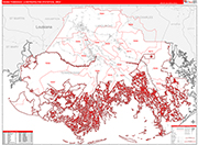 Houma-Thibodaux Metro Area Wall Map Red Line Style